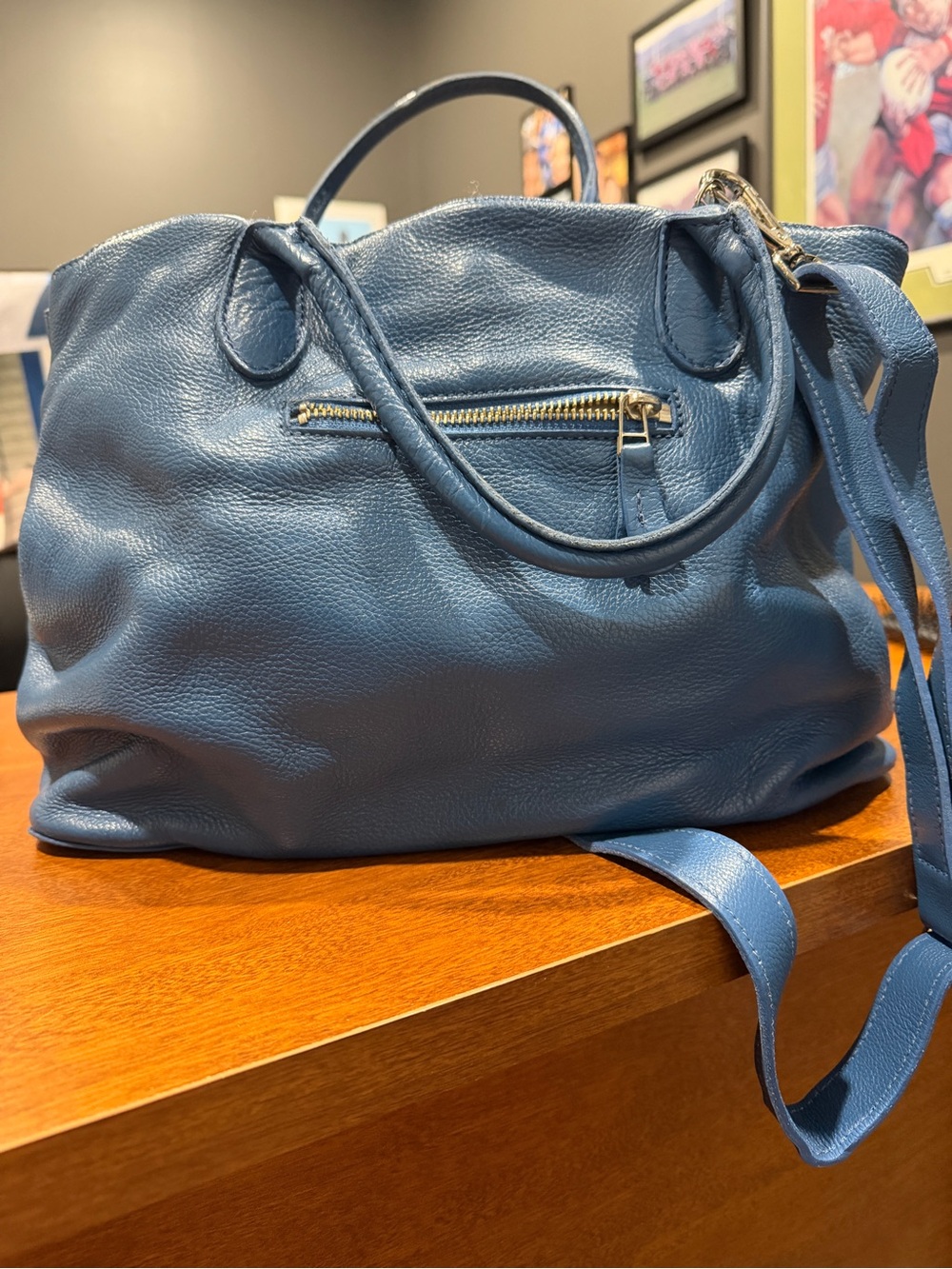 Classic Leather Satchel Handbag in Blue, Roots brand